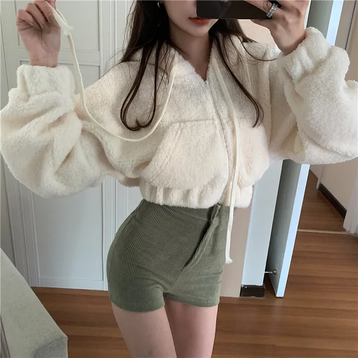 [세미크롭/꾸안꾸] ❤양털 크롭 후리스❤ 뽀글이 폴리스 포켓 크롭 자켓 양털 후드 집업 후리스 상세 이미지 5