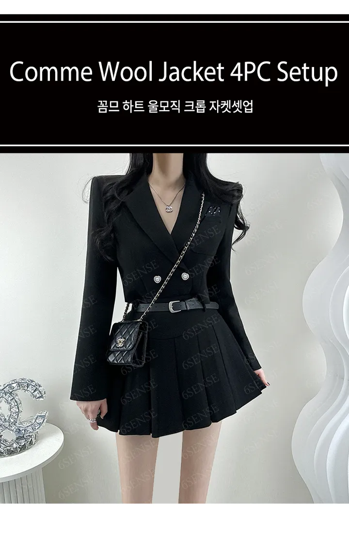 (고퀄/세트)꼼므 하트 자켓4PC 울모직누빔 크롭자켓+벨트+플리츠스커트+스카프세트 상세 이미지 1