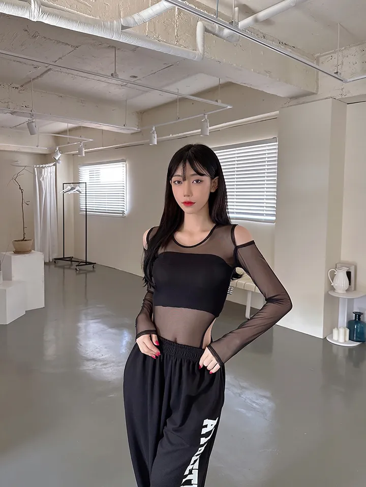 브릿 어깨 트임 시스루 망사 무지 섹시 바디수트 방송 댄스복 공연 무대 바디프로필 의상 상세 이미지 16