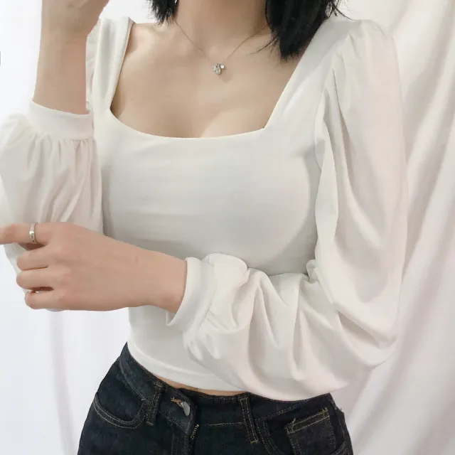 [여리핏/4col] 오로라 스퀘어넥 퍼프 크롭 티셔츠 상세 이미지 5