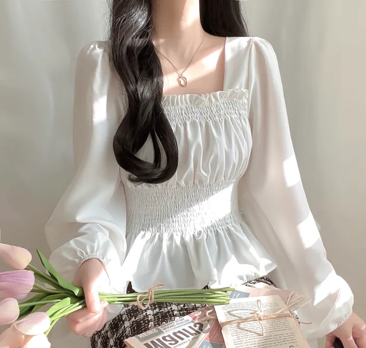[체형보정/살랑쉬폰] 샤인 스퀘어넥 프릴 셔링 스모크 밴딩 퍼프 블라우스 상세 이미지 7