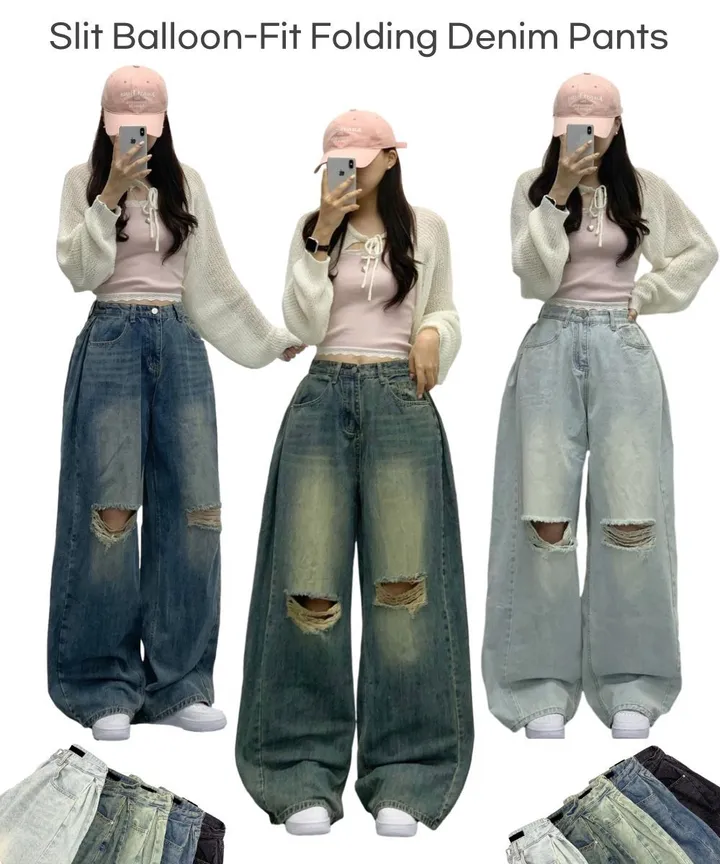 당일🚀[숏,롱/~XL/찐인생바지] 슬릿 찢청 폴딩 빈티지워싱 벌룬핏 옆핀턱 와이드팬츠 무릎트임 데님 청바지 기장선택 빅사이즈까지 오버핏팬츠 여름청바지 상세 이미지 1