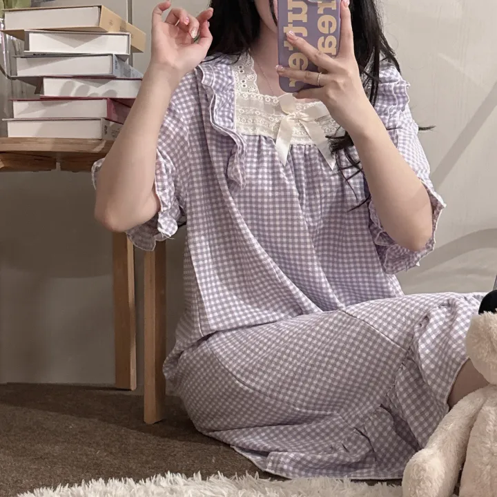 [당일출고/3컬러] 루즈핏 귀여운 스몰 체크 오버핏 반팔 원피스 파자마 잠옷_반팔ops_ver 상세 이미지 13