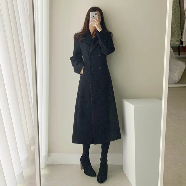 A라인 슬림 롱 플레어 더블 버튼 울코트 블랙 베이지 상세 이미지 6