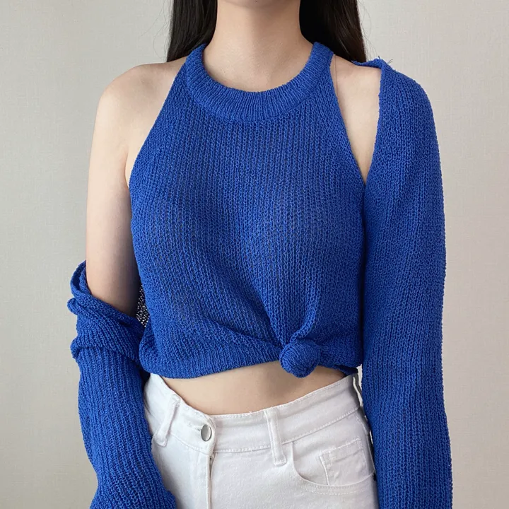 최저가! [자외선차단/필수템] 페스티벌 워터밤 흠뻑쇼 썸머 휴가룩 여리 블루 파랑 볼레로 크롭 니트 가디건 상세 이미지 14