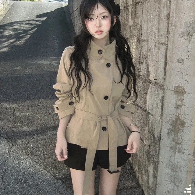 [허리잘록/고퀄안감🖤] 딘토 하이넥 트렌치 비조 배색단추 루즈핏 스트랩 크롭 자켓 코트 4color