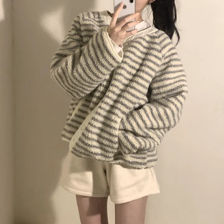 [봄신상/아방뽀글이] reversible fleece stripe snap button jacket 상세 이미지 3