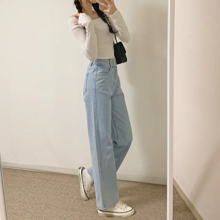 [뒷밴딩] 다인 투버튼 데님 팬츠 / 청바지 세미 와이드 일자 스트레이트 데일리 캐주얼 베이직 캠퍼스 학생 꾸안꾸 수학여행 수련회 상세 이미지 8