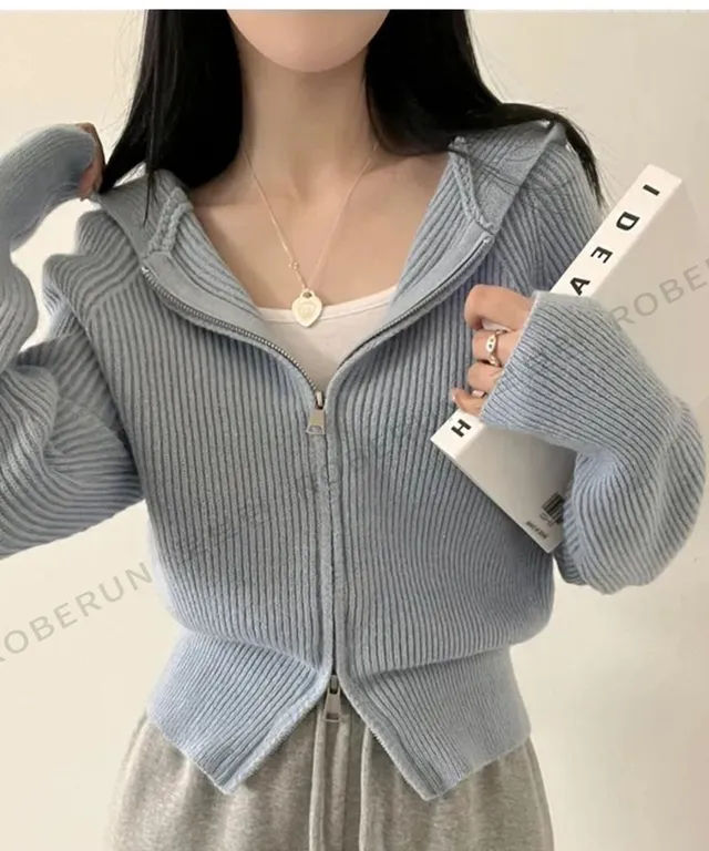 로브런 여성 골지 후드 집업 숏 가디건