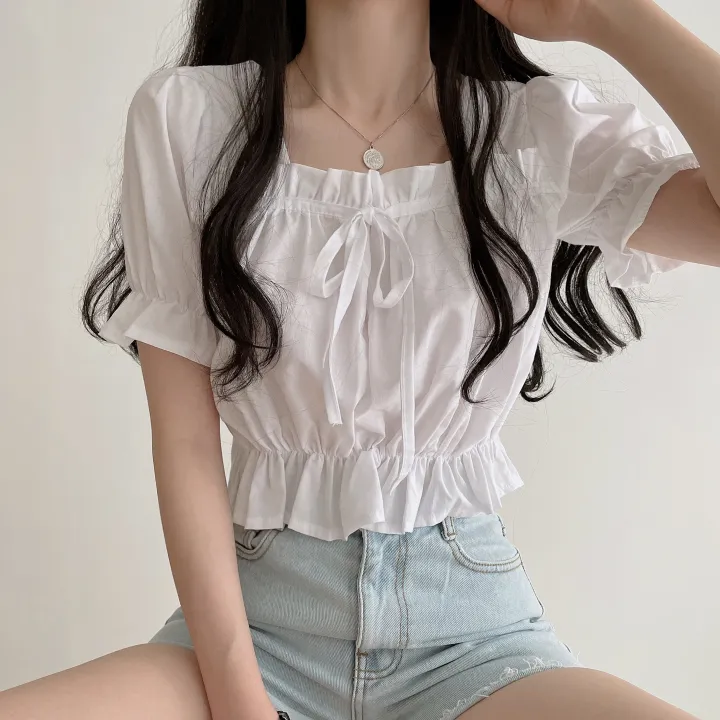 (4color) 여름기분 리본 퍼프스타일 반팔 블라우스 상세 이미지 6