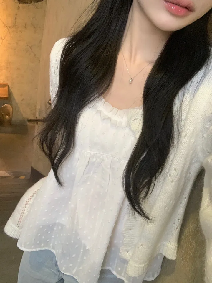 [러블리🤍/코디강추🫧] 프릴 레이어드 뷔스티에 나시/ 끈조절가능 끈나시 레이어드코디 봄코디 데이트룩 상세 이미지 7