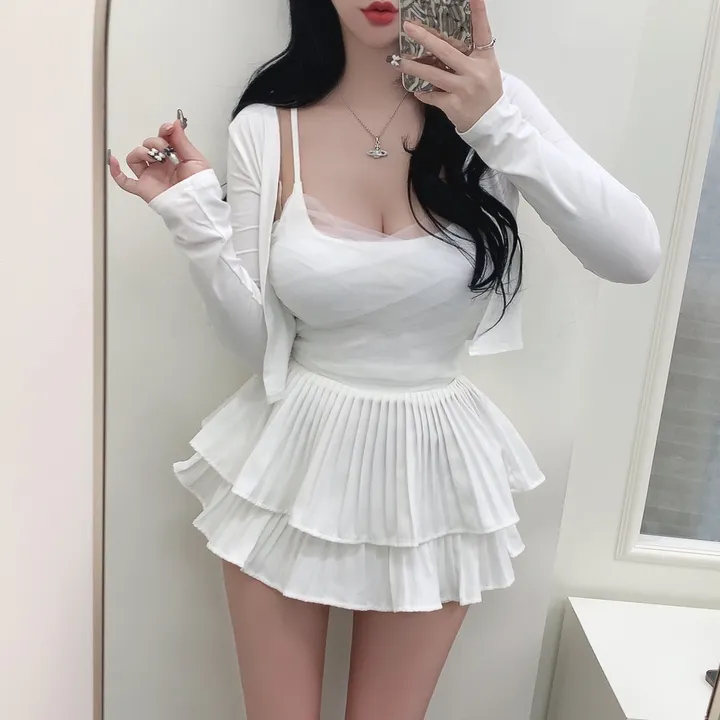 [3COLORS/SET] 더블셔링 레이스 레이어드나시&크롭가디건 세트/버닝블루 상세 이미지 14