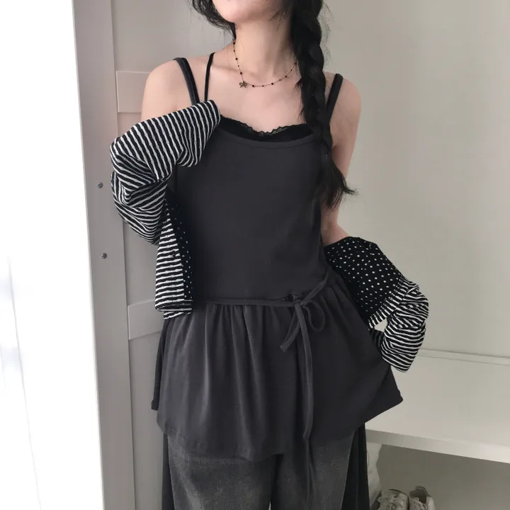 [반전 도트안감🖤/뒷태패치 포인트!!] 빈티지 감성 낭낭🪽 도트안감 패치 단가라 스트라이프 긴팔 가디건 엔젤코어 상세 이미지 14