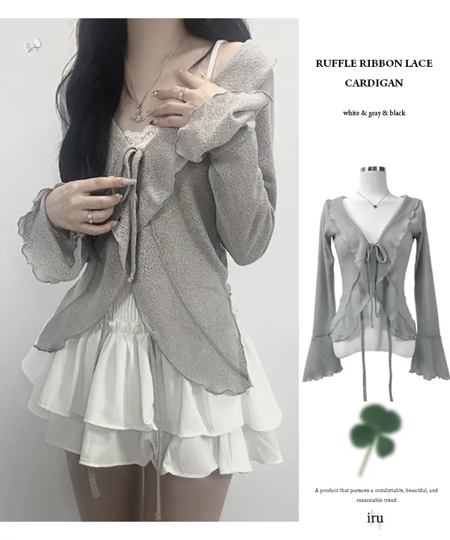 ruffle ribbon lace cardigan 러플 리본 레이스 가디건 (봄가디건, 러블리, 프릴, 니트가디건, 슬림핏, 여리여리) 상세 이미지 3