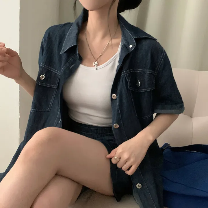 [세트가격/2사이즈!] 포토그래퍼 데님 오버핏 반팔셔츠+반바지 셋업,투피스 상세 이미지 6