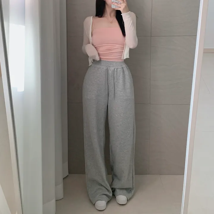 허리쏙-![편안한데,허얇골넓핏-/뒤포켓]힙업 하이웨스트 메탈 버튼 뒷포켓 롱 일자 와이드 트레이닝 츄리닝 팬츠 바지 (5col):러브글램 상세 이미지 2