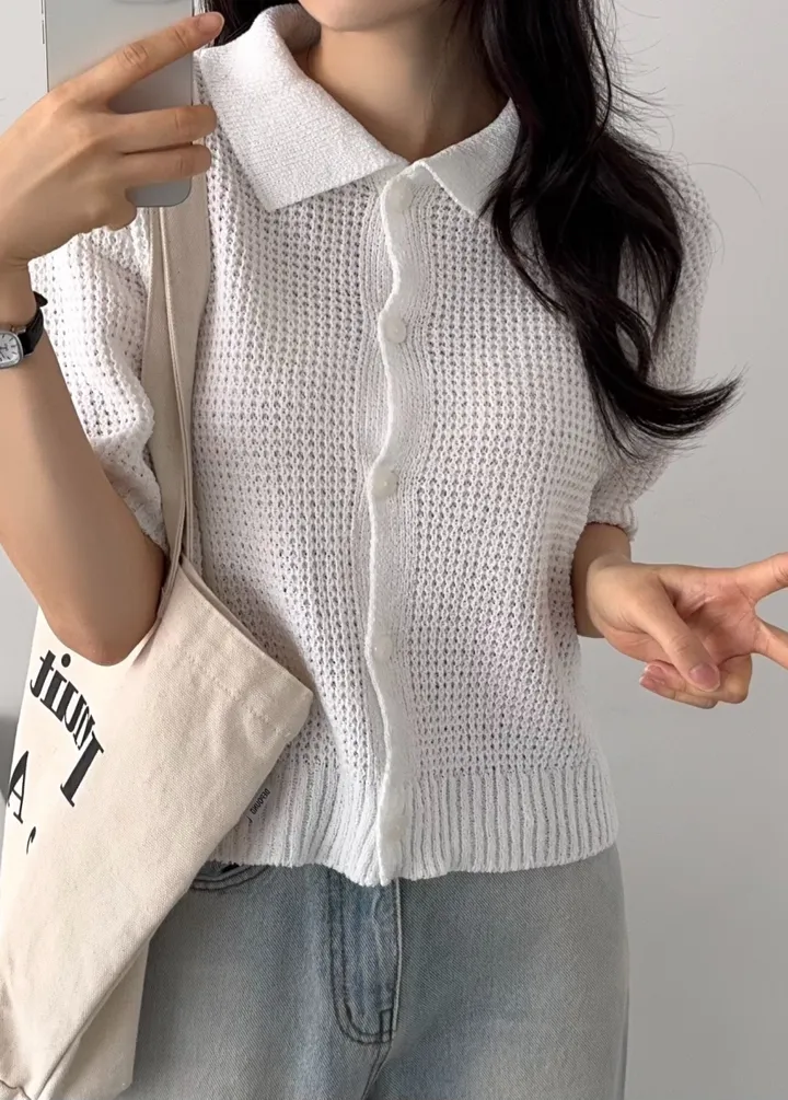 [군살커버/여름까지 쭉-🌿] 하찌 베이직 세미크롭 카라 반팔 니트 가디건 - 5color 상세 이미지 27