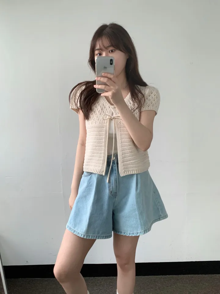 멜라운지 콤비 하프 가디건 mellounge 2col 반팔 여름 리본 펀칭 레이어드 러블리 상세 이미지 2