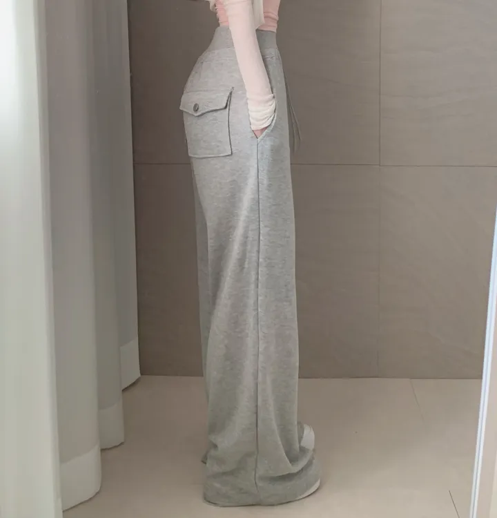 허리쏙-![편안한데,허얇골넓핏-/뒤포켓]힙업 하이웨스트 메탈 버튼 뒷포켓 롱 일자 와이드 트레이닝 츄리닝 팬츠 바지 (5col):러브글램 상세 이미지 4