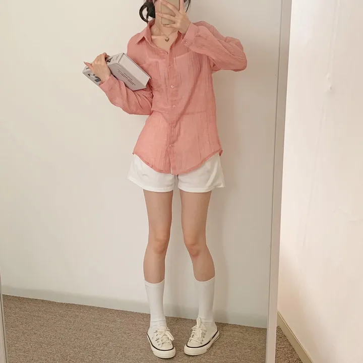 [16 color/루즈핏] 아론 시스루 거즈 남방 / 긴팔 여리여리 살랑살랑 링클 롤업 파스텔 바캉스 휴가 피크닉 나들이 간절기 여름긴팔 베이직 상세 이미지 8