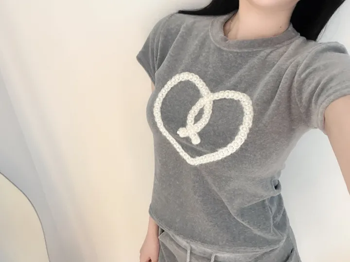 벨로아 피치 진주 하트 레이스 치마바지 투피스 세트 (2color) 상세 이미지 8
