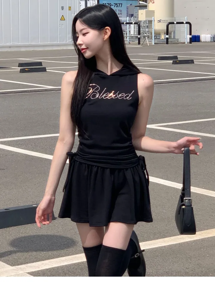 [유니크🖤] 미니 후드 세트 / 후드티 반팔티 투피스 치마바지 플레어 플리츠 레이어드 스커트 민소매 오프숄더 여름반팔 셔링 크롭티 크롭반팔 미니스커트 캉캉치마 캉캉스커트 블랙 상세 이미지 15