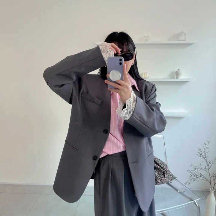 [봄best/데이트룩/하객룩] 쌜린 노카라 레이스자켓 봄 아우터 오버핏자켓 박스핏자켓 루즈핏자켓 싱글 봄자켓 상세 이미지 9