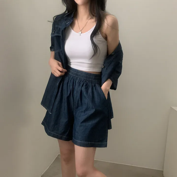 [세트가격/2사이즈!] 포토그래퍼 데님 오버핏 반팔셔츠+반바지 셋업,투피스 상세 이미지 24