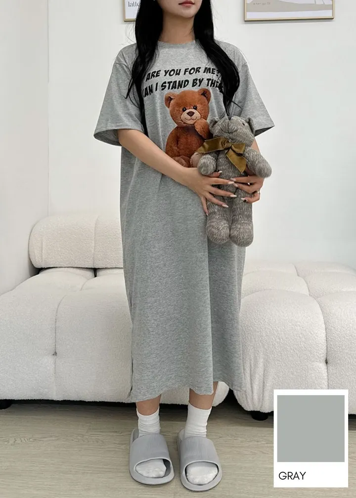 [국내/부드러운] 베어🐻 프린팅 반팔 롱 원피스 - 4color 상세 이미지 7