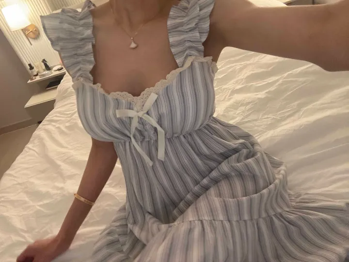 🖤주문폭주🖤 [캡내장] 프릴 스트라이프 민소매 원피스 여름 잠옷 홈웨어 파자마 상세 이미지 10