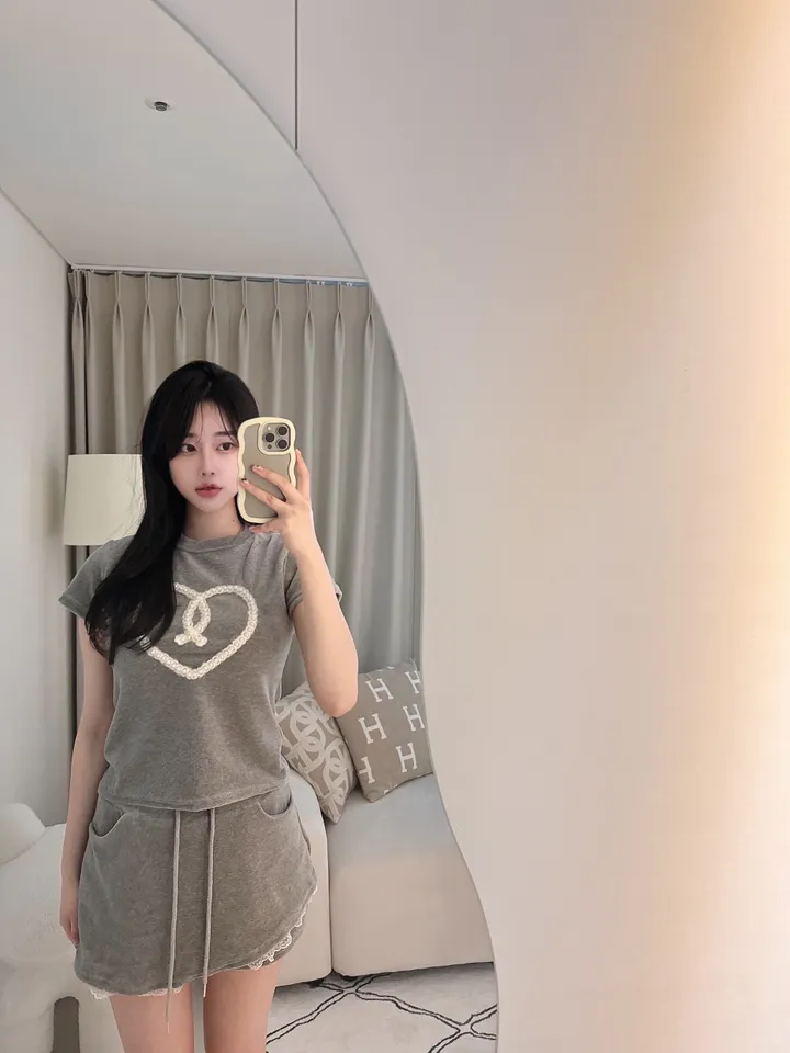 벨로아 피치 진주 하트 레이스 치마바지 투피스 세트 (2color) 상세 이미지 18