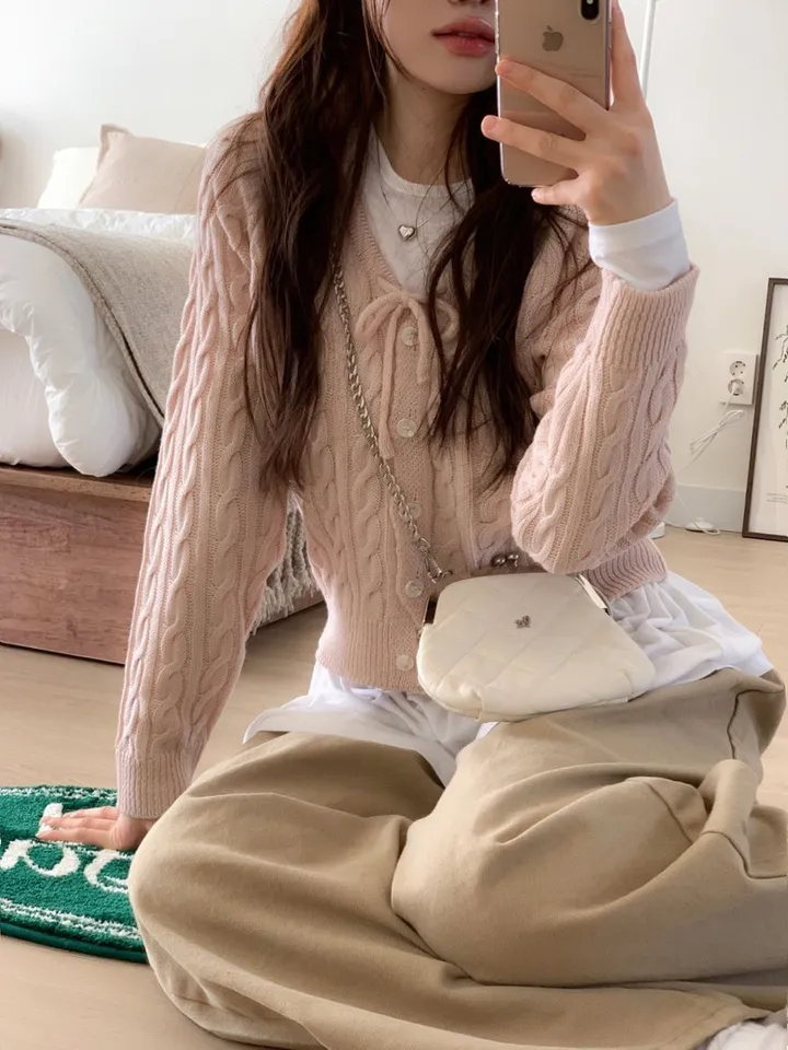 [리본스트랩ෆ]레이플 무드 루즈 여리핏 꽈배기 케이블 니트 리본 가디건 5color 상세 이미지 22