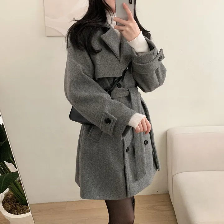 [누빔안감, 하객룩추천] 차분한무드 허리잘록 더블버튼 트렌치 하프 코트 상세 이미지 48