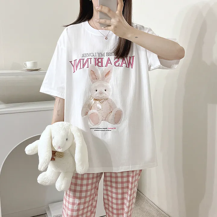 💗[당일출고/남녀공용]💗 토끼 잠옷 파자마 체크바지 단품 반팔티 반팔 티 박시핏 루즈핏 오버핏 빅사이즈 래빗 잠옷세트 파자마세트 홈웨어 커플룩 커플티 커플 체크바지 박시티 상세 이미지 4