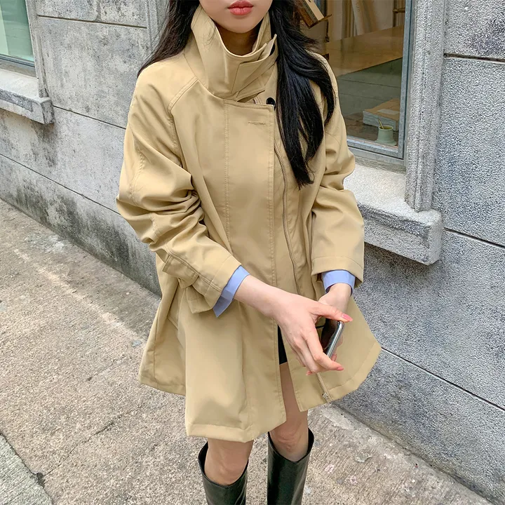 [귀욤아방핏🤎완전강츄] 하이넥 하프 숏 트렌치코트 오버핏 루즈핏 A라인 케이프 바바리 자켓 야상 점퍼 봄 가을 간절기 아우터 데일리룩 2COL 상세 이미지 18