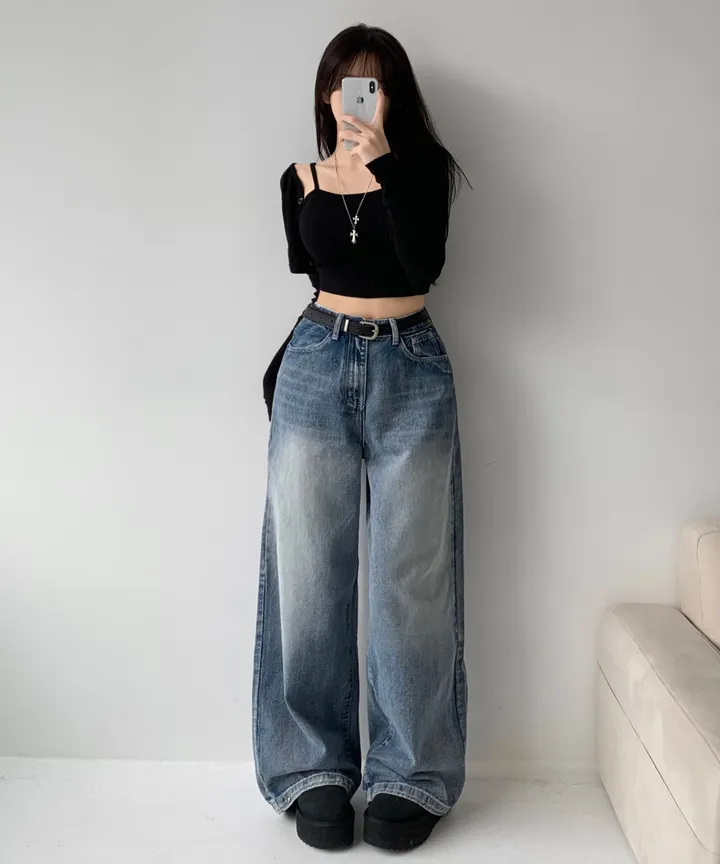 [모델소장🖤/기장선택/~XL] 페이블 3기장 힙 빈티지 워싱 하이웨스트 로우 밑단 스냅 조거 와이드 데님 팬츠 청바지 키작녀 키큰녀 남녀공용 사계절팬츠 빅사이즈 상세 이미지 6