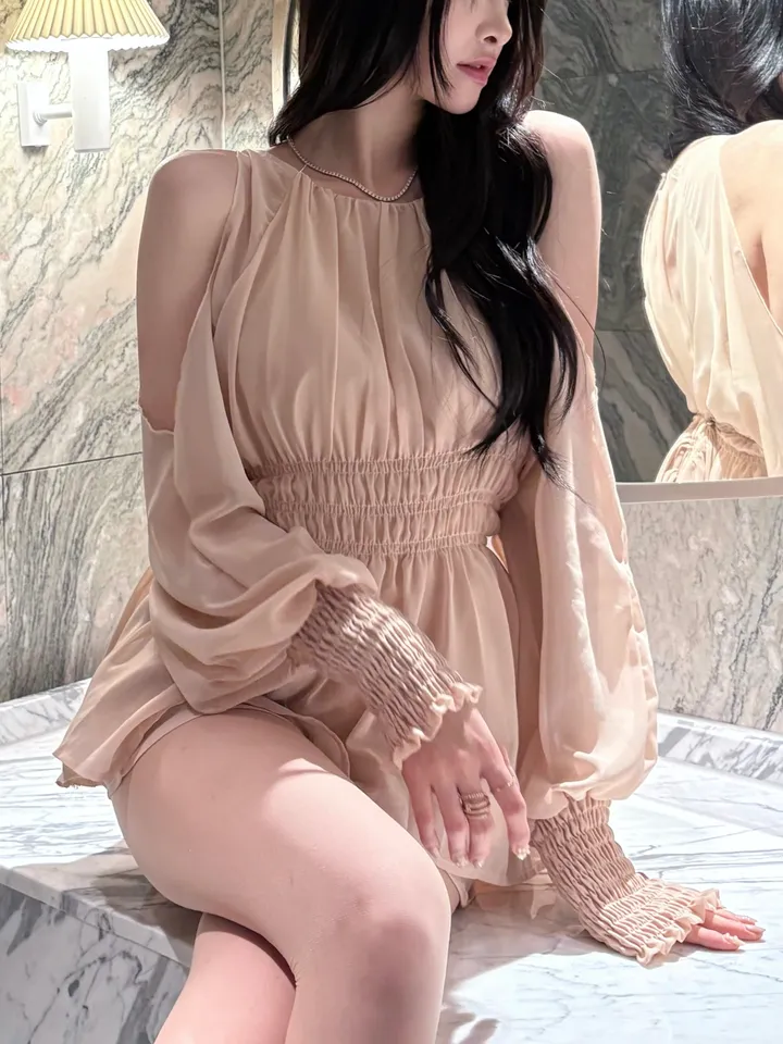 [요정템🧚] 물복숭아 쉬폰 플로럴 어깨트임 3단 코르셋 리본끈 투피스 세트 상세 이미지 20