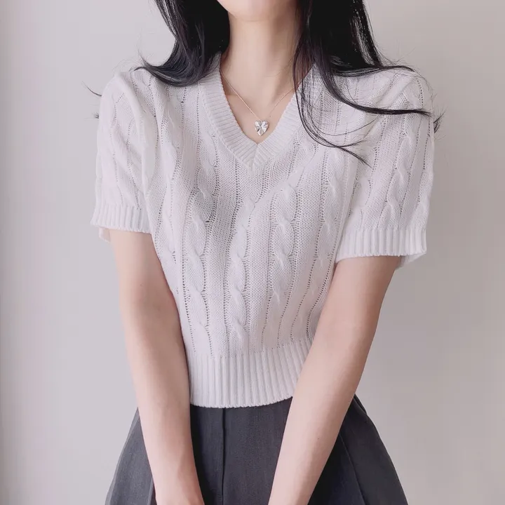 (6color/최저가 보장!) 실물보장! 색감에 반한, 마카롱 꽈배기 브이넥 크롭 반팔 니트 상세 이미지 24