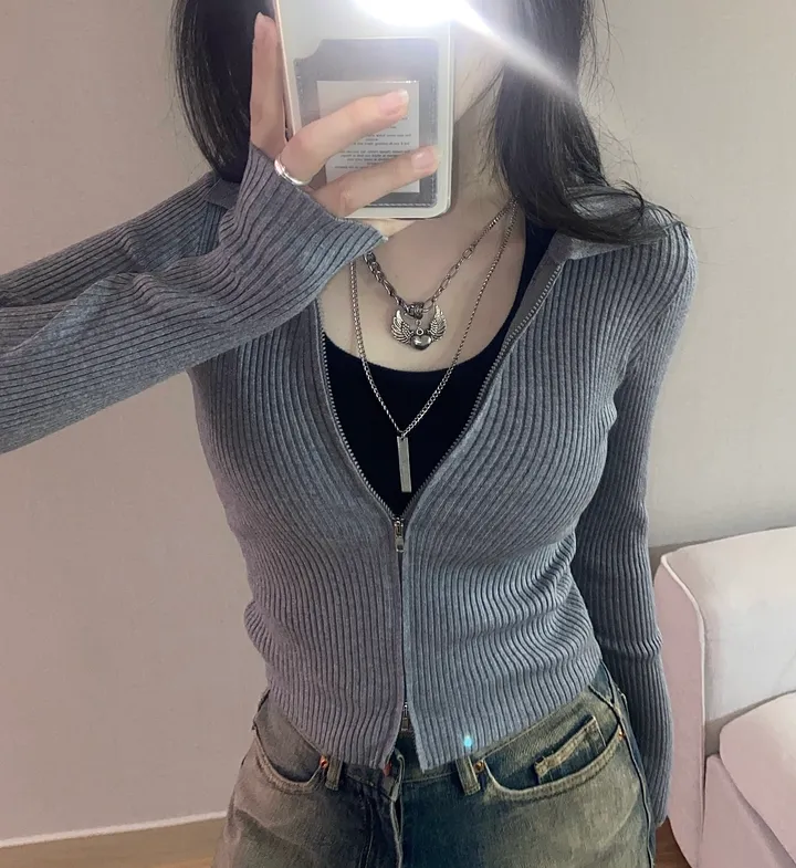 [벚꽃룩🌷/핏,리뷰보장]투웨이 카라 크롭 골지 니트 집업 상세 이미지 7