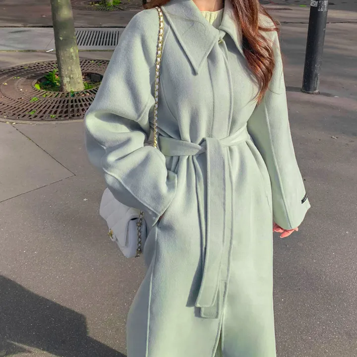 [메리노울100%🤎handmade] 백화점퀄 wool 핸드메이드 롱 울 코트 카라 로브 모직 루즈핏 벨트 싱글 히든버튼 트임 겨울 아우터 네이비 베이지 민트 3col 상세 이미지 57