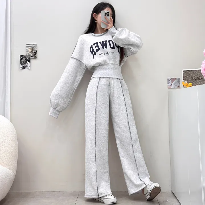 *단독 봄버전추가*[허리잘록!/아방핏] 핏대박템 스티치 라인 레터링 시보리 기모 크롭 맨투맨+밴딩 하이웨스트 핀턱 와이드 롱팬츠 트레이닝 세트 투피스 셋업 3color 상세 이미지 16