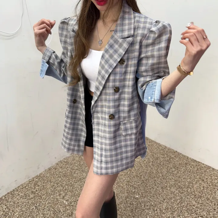[봄신상/유니크아우터] 루즈핏 잔 체크 반반 데님 퍼프 퍼프 자켓 1COLOR 상세 이미지 6