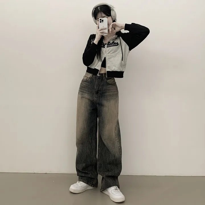 [y2k!힙무드] 투웨이 레터링 프린팅 나그랑 배색 크롭 후드집업 상세 이미지 8