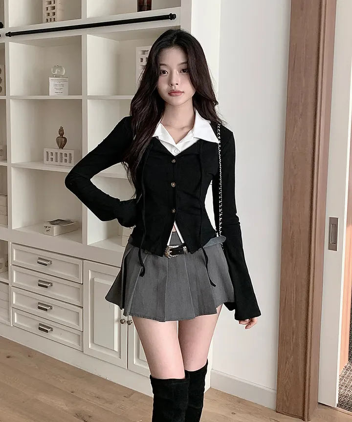 [반팔/긴팔❄일체형💗고퀄ver] 칠리 셔츠 가디건 일체형 레이어드 리본 슬림핏 긴팔 반팔 티셔츠 가디건 봄 겨울 가을 / 하객룩 출근룩 소개팅룩 데이트룩 클래식블랑 상세 이미지 12