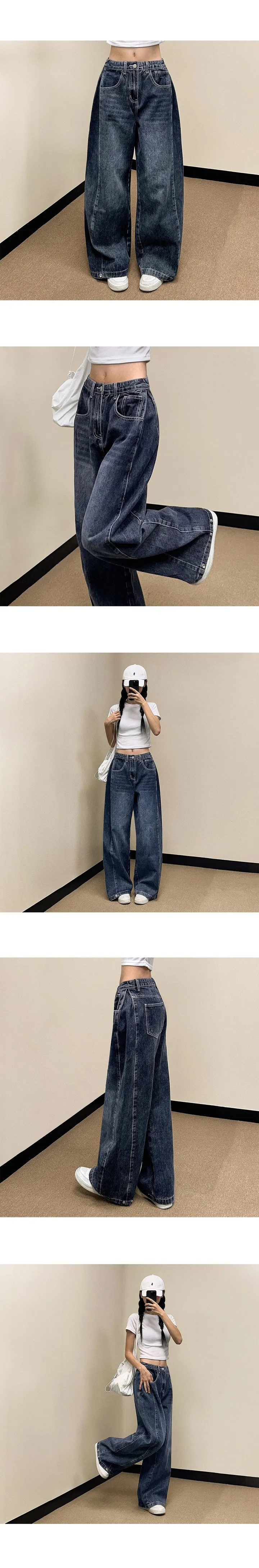 데님버전🐼 [밑단스냅/기장선택!/~XL] 쵸파 폴딩 밑단 스냅 버튼 데님 롱 와이드 팬츠 똑딱이 핀턱 비조 빅사이즈 면바지 키작녀 키큰녀 하이웨스트 사계절 상세 이미지 9