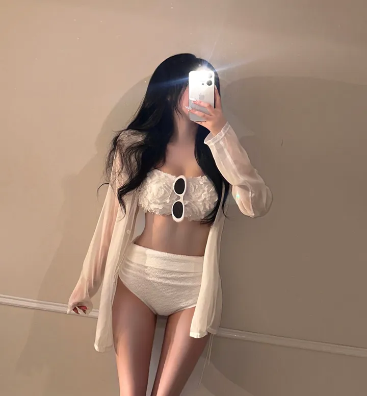[최저가!!/리얼핏보장/셔츠set] 셔링 뱃살커버 하이웨스트 리본 커버업 웨딩 꽃 크롭 나시 탑 시스루 롱 셔츠 가디건 세트 3pcs 휴양지룩 비키니 모노키니 수영복 해외여행 상세 이미지 6