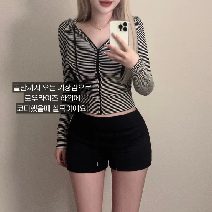 [말라핏] 스트라이프 단가라 슬림 골지 크롭 후드집업 상세 이미지 3