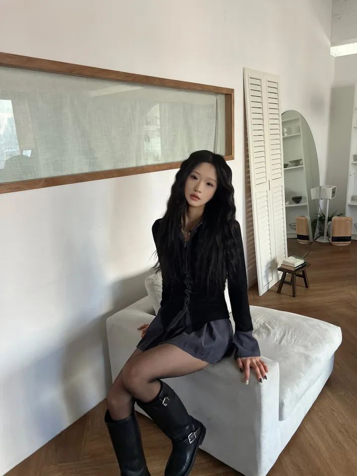 [단품/세트] 루루 카라 스판 골지 긴팔 셔츠 & 플레어 니트 스커트 SET (2color) 상세 이미지 10
