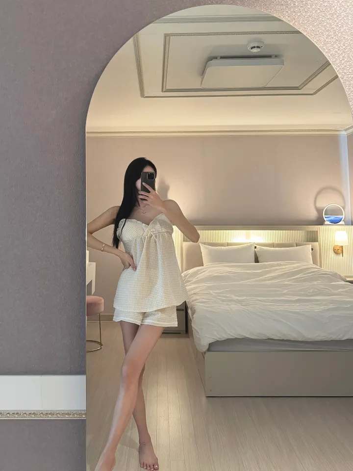 [2color/캡내장] 체크 민소매 반바지 투피스 세트 잠옷 홈웨어 파자마 상세 이미지 6