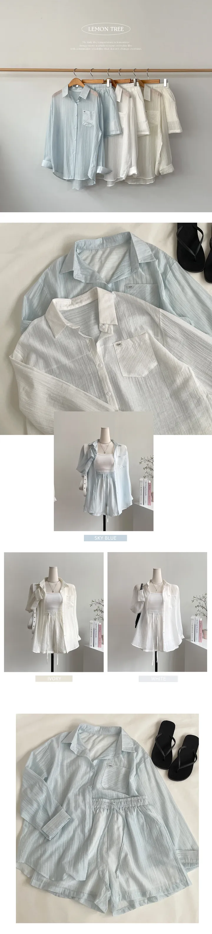 [2pc/세트가격!/페미닌/하이틴] 링클 오버핏 여름남방 셔츠 + 밴딩 반바지 투피스 셋업 (3color) 바캉스룩/휴양지룩/여행지룩 상세 이미지 2